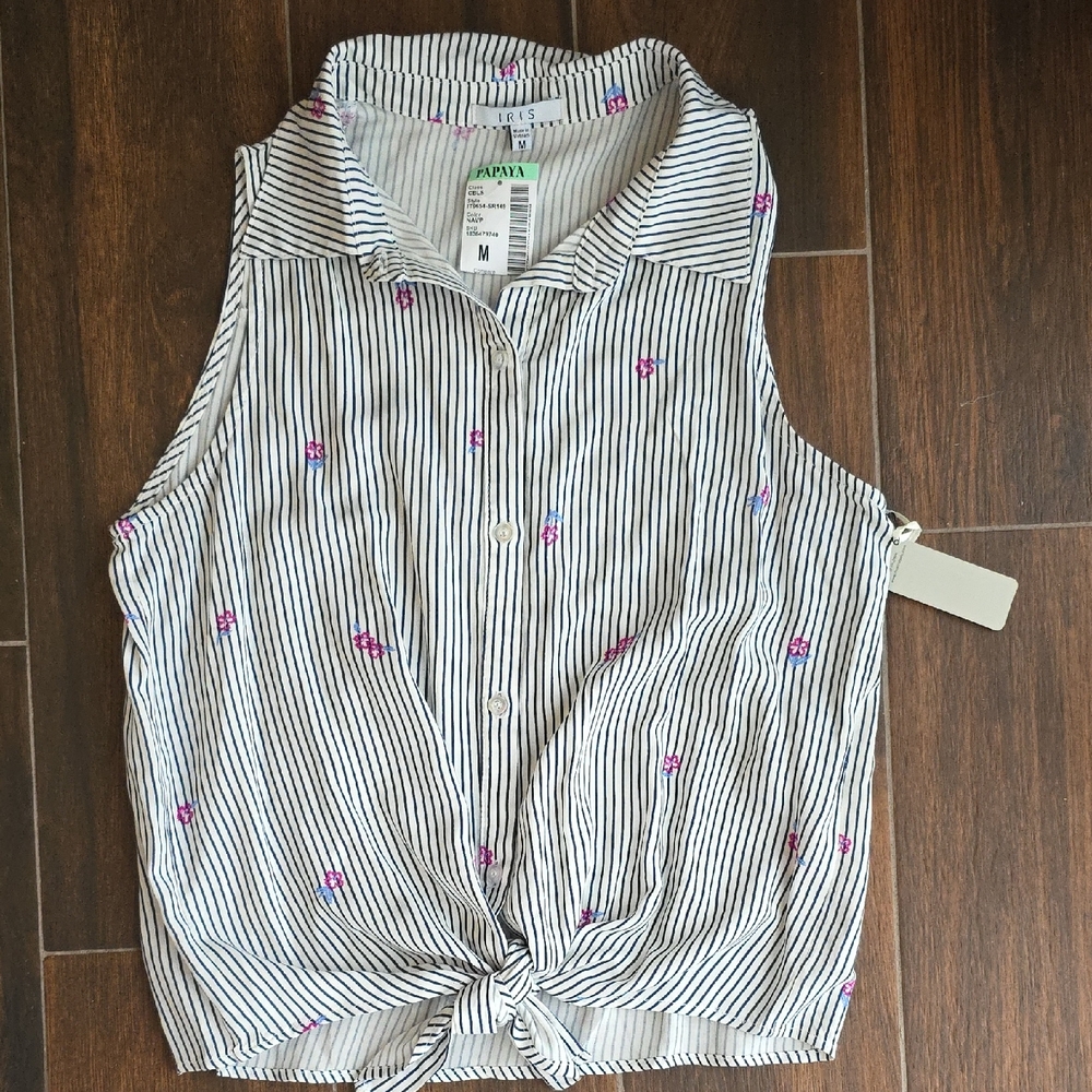Iris Black and White Striped Blouse with Pink Accents